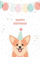 en söt födelsedag kort med en leende corgi ansikte och ballonger. vektor mall