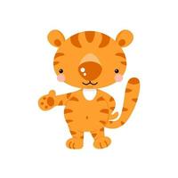 Cartoon-Tiger Stehender Tiger mit Daumen nach oben, isoliert auf weiss. lustiger Tiercharakter. flache vektorillustration. vektor