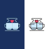 tasse kaffee liebe herz valentine symbole flach und linie gefüllt icon set vektor blauen hintergrund