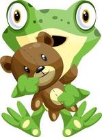 grüner Frosch mit Teddybär, Illustration, Vektor auf weißem Hintergrund.