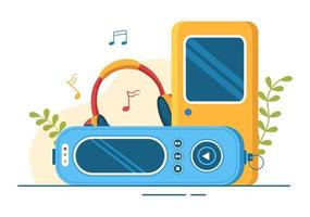 mp3-player mit kopfhörern, headset und telefon von musikhörgeräten in der mobilen app auf flacher handgezeichneter vorlagenillustration der karikatur vektor