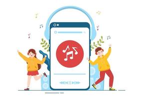 mp3 spelare med hörlurar, headsetet och telefon av musik lyssnande enheter i mobil app på platt tecknad serie hand dragen mallar illustration vektor
