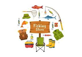fiske affär försäljning olika fiske Utrustning, bete, fisk fångst Tillbehör eller objekt på platt tecknad serie hand dragen mallar illustration vektor