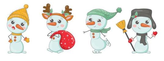 bündel süßer karikatur-schneemänner in strickmützen und schals mit weihnachtsgeschenken, schneeflocken, stechpalme, gekleidet als neujahrsfiguren vektor
