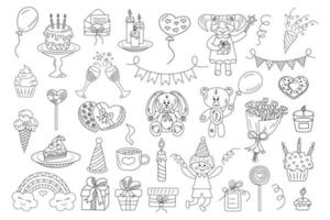 großes geburtstagsfeier-doodle-clipart-set. Sammlung von handgezeichneten Symbolen. vektor