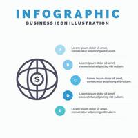 Weltkugel Internet Dollar Liniensymbol mit 5 Schritten Präsentation Infografiken Hintergrund vektor