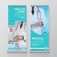 Gesundheitswesen und medizinische und flache Symbole rollen Design, Standee und Banner-Vorlagendekoration für Ausstellungs-, Druck-, Präsentations- und Broschüren-Flyer-Konzeptvektorillustration auf vektor