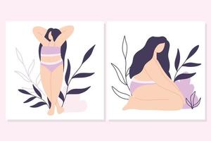 uppsättning av kroppspositiv posters med en flicka. samling av vykort med en flicka i underkläder. platt stil. vektor illustration.