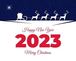 santa claus ren sele med gåva låda på släde hälsning kort. glad jul och Lycklig ny år 2023 text med lysande betlehem stjärna kalender omslag. xmas magi natt vektor illustration