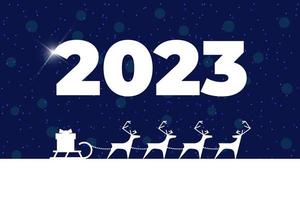 Semester santa claus rådjur med gåva på släde inbjudan hälsning kort. Lycklig ny år 2023 och glad jul text på kalender omslag. xmas ren silhuett på magi natt vektor illustration