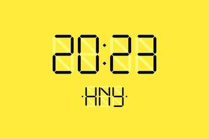 Lycklig ny år xmas Semester kort med digital lcd elektronisk visa klocka siffra 2023 och hny svart brev på gul bakgrund. glad jul firande hälsning kalender vektor eps illustration