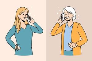 leende tusenåriga flicka prata på mobiltelefon med positiv gråhårig gammal mormor. Lycklig ung kvinna ring upp optimistisk äldre mormor, njut av trevlig konversation på cell. platt vektor illustration.