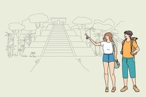 Touristen des glücklichen Paars erkunden Reiseziel im tropischen Land. lächelnde reisende von mann und frau entdecken wahrzeichen oder attraktionen im sommerurlaub oder urlaub. Tourismus. Vektor-Illustration. vektor