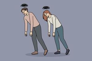 trötthet och allmänning utmattning begrepp. ung man och kvinna gående med händer ner känsla trött zombie vektor illustration