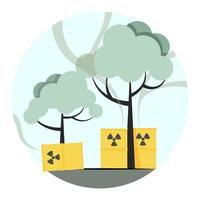 grüne Bäume mit gelben Strahlenfässern zu Ehren des Kampfes gegen die Umweltverschmutzung vektor