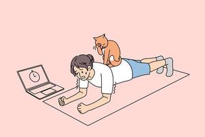 sportliche frau steht in plank, faule katze sitzt auf dem rücken. getöntes aktives mädchen folgt einem gesunden lebensstil und macht sport mit online-training oder unterricht am computer zu hause bei lockdown. Vektor-Illustration. vektor