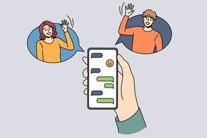 uppkopplad chatt och teknik begrepp. mänsklig hand innehav smartphone med chatt och leende vänner hälsning från sidor vektor illustration