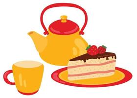 Teekanne mit Tasse und Stück Kuchen auf dem Teller. hand gezeichnete vektorillustration. geeignet für Website, Aufkleber, Geschenkkarten. vektor