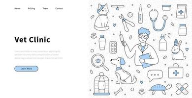 Tierklinik-Doodle-Landing-Page mit Arzt, Haustieren vektor