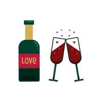 flaska av röd vin och två glasögon och rosa hjärtan. vektor illustration i platt stil isolerat