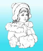 årgång flicka i vinter- kläder hand dragen i nyanser av grå. för mönster, illustrationer och färg böcker för jul. vektor