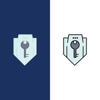 Zugangsschlüssel Schutz Sicherheitsschild Symbole flach und Linie gefüllt Icon Set Vektor blauen Hintergrund