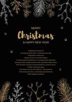 glad jul och Lycklig ny år vertikal design med hand dragen gyllene vintergröna grenar och mistel på svart bakgrund. vektor illustration i skiss stil