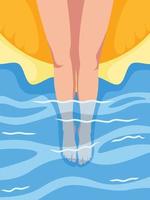 illustration av flickans fötter i de simning slå samman med livboj. platt design vektor illustration.