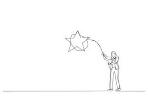 karikatur der geschäftsfrau wirft ein lasso und fängt einen stern. Kunststil mit durchgehender Linie vektor