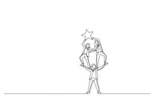 Cartoon der Geschäftsfrau Hilfe und Unterstützung seines Teams kann aufsteigen und den Stern erreichen. Kunststil mit einer durchgehenden Linie vektor