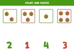 räkning spel för ungar. räkna Allt jul bollar och match med tal. kalkylblad för barn. vektor