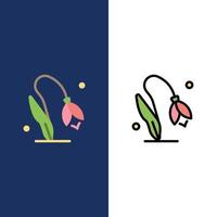 Blume Blumennatur Frühling Symbole flach und Linie gefüllt Symbolsatz Vektor blauen Hintergrund