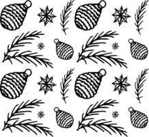 jul sömlös mönster klotter. mönster med jul träd, bollar och stjärnor. vektor illustration