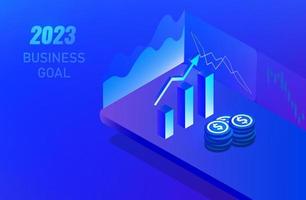geschäftswachstum 2023 jahr konzept. wachsende grafik und diagramm nach oben vektorillustration. Gewinn, Leistung und Erfolg von Unternehmensinvestitionen vektor