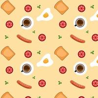 sömlös mönster med ägg och friterad korvar, tomat, rostat bröd, och en kopp av kaffe. frukost tapet på gul bakgrund. papper skära ut vektor