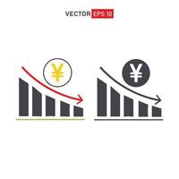 Japanische Yen JPY Grafik nach unten einfaches Symbol. Niedergang der Finanzen, Banken. Yen abnehmendes Graphenvektorsymbol Wirtschaftskrise vektor