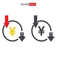 japansk yen valuta Betygsätta släppa vektor linje ikon. pengar symbol med ner pil. lägre kosta ikon. företag förlorat nedgången kris vektor ekonomi