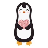 vektorillustration mit pinguin, der herz mit realistischem rosa glitzerstaub hält. fröhlichen Valentinstag. vektor