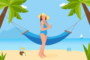 skönhet kvinna i hatt och baddräkt tillämpa solkräm till axel. en Solskydd i hand.strand landskap med segelbåt, strand hängmatta, cocktail och flip flops.vector platt färgrik illustration vektor