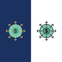 Budget-Banking-Liste Cash-Icons flach und Linie gefüllt Icon Set Vektor blauen Hintergrund