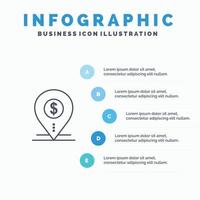 dollar stift Karta plats Bank företag linje ikon med 5 steg presentation infographics bakgrund vektor