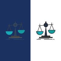 Balance Gesetz Verlust Gewinn Symbole flach und Linie gefüllt Icon Set Vektor blauen Hintergrund