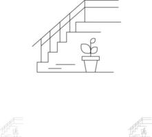 Treppe im Obergeschoss Bodenbühne nach Hause Fett und dünne schwarze Linie Symbolsatz vektor