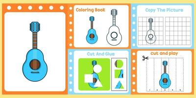 Arbeitsblattpaket für Kinder mit Gitarrenvektor. Lernbuch für Kinder vektor