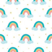 niedliches nahtloses regenbogenmuster machen aus handgezeichneten regenbogenwolken sterne kinder baby stoff textildesign kindlichen stil hintergrund auf weißem tapetentextilstoff stoff. Vektor-Illustration. vektor