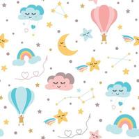 nahtlose babymuster himmelelemente - regenbogen mond sterne lächelnde wolken heißluftballon niedlicher bär kreativ kindlicher stil kinder textur für stoffverpackung textiltapete bekleidung. Vektor-Illustration vektor