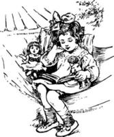 lesendes Mädchen, Puppe, Vintage-Gravur. vektor