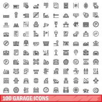 100 garage ikoner set, kontur stil vektor