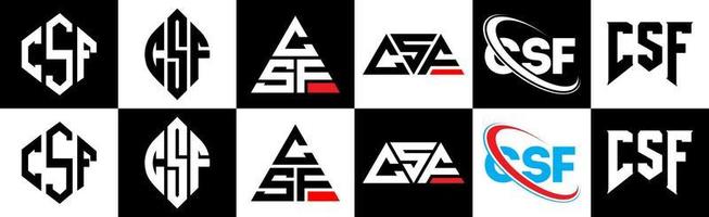 csf-brief-logo-design in sechs stilen. csf-Polygon, Kreis, Dreieck, Sechseck, flacher und einfacher Stil mit schwarz-weißem Buchstabenlogo in einer Zeichenfläche. csf minimalistisches und klassisches Logo vektor