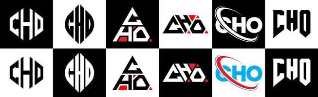 Cho-Buchstaben-Logo-Design in sechs Stilen. cho polygon, kreis, dreieck, sechseck, flacher und einfacher stil mit schwarz-weißem buchstabenlogo in einer zeichenfläche. Cho minimalistisches und klassisches Logo vektor